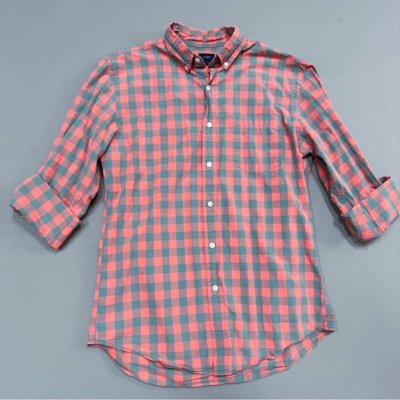 J. CREW men’s peach gray checkered button down long sleeve shirt, M. - Picture 2 of 5